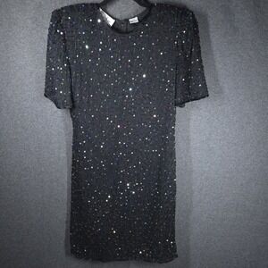 Vtg Laurence Kazar Black Beaded Sequin Silk Dress Size L 80s 90s Cocktail Party
